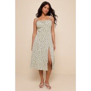 Lulus Party In Paris Sage Green Print Tie-strap Midi Dress - Size XS